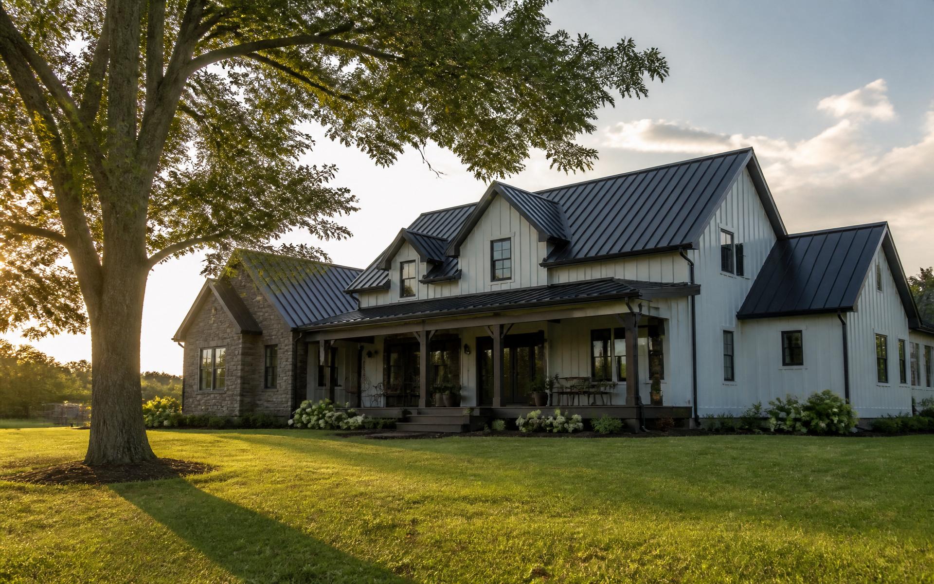 Modern Midwest farmhouse with a black standing seam metal roof installed by Renovate Exteriors